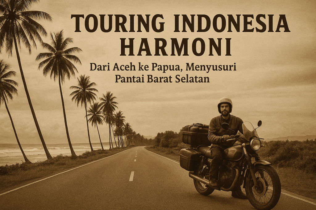 Touring Indonesia Harmoni: Dari Aceh ke Papua, Menyusuri Pantai Barat Selatan dengan panorama laut dan jalan sepi yang memanjakan mata.