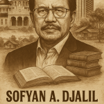 Ilustrasi sepia Sofyan A. Djalil dengan latar Aceh, gedung Jakarta, buku-buku, dan suasana perkampungan – KBA13 Insight
