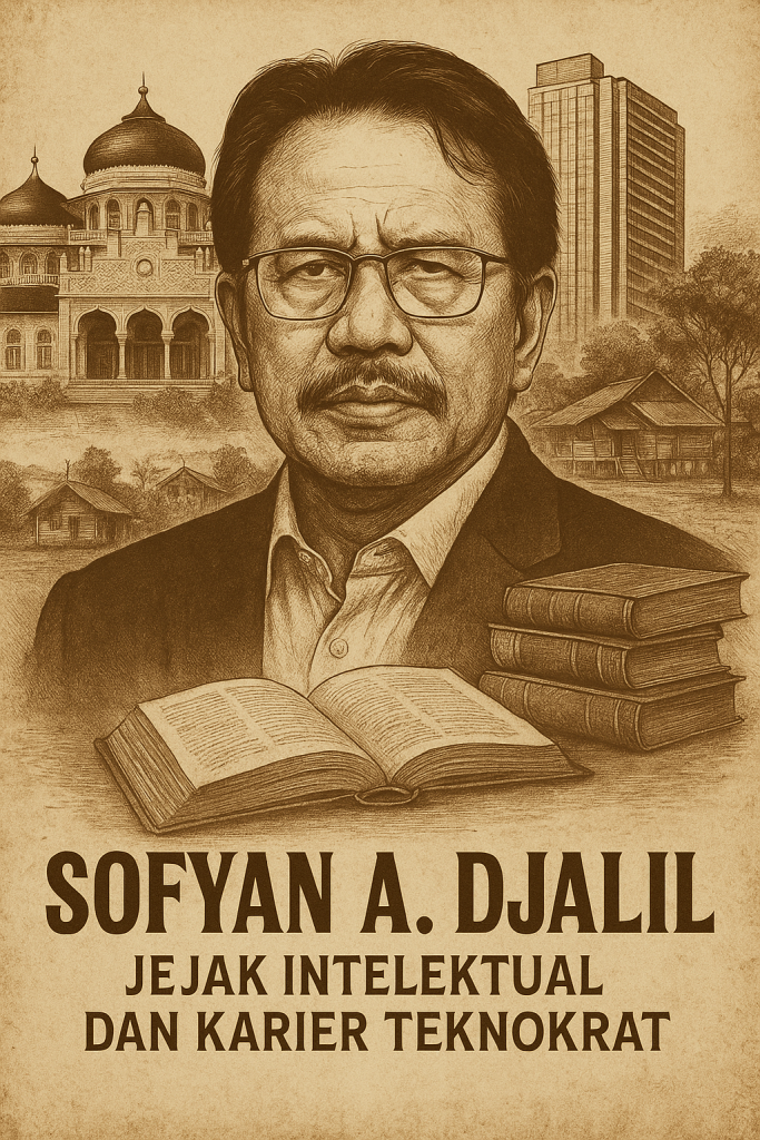 Ilustrasi sepia Sofyan A. Djalil dengan latar Aceh, gedung Jakarta, buku-buku, dan suasana perkampungan – KBA13 Insight