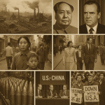 Rivalitas China–Amerika: potret vintage hubungan dua kekuatan global, dari kota industri, pertemuan diplomatik, hingga demonstrasi rakyat yang menolak dominasi satu sama lain.