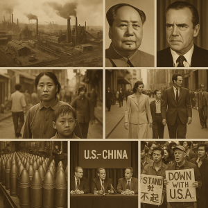 Rivalitas China–Amerika: potret vintage hubungan dua kekuatan global, dari kota industri, pertemuan diplomatik, hingga demonstrasi rakyat yang menolak dominasi satu sama lain.