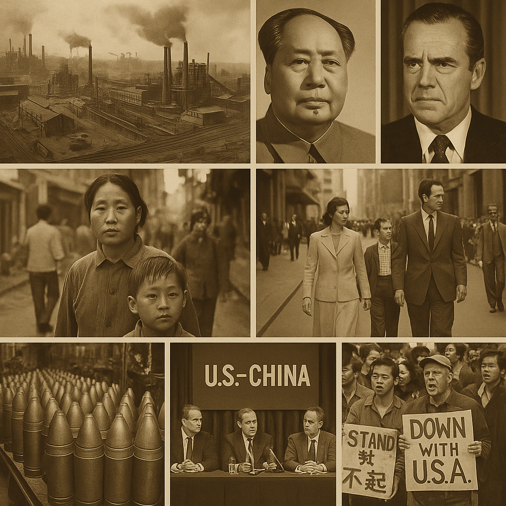 Rivalitas China–Amerika: potret vintage hubungan dua kekuatan global, dari kota industri, pertemuan diplomatik, hingga demonstrasi rakyat yang menolak dominasi satu sama lain.