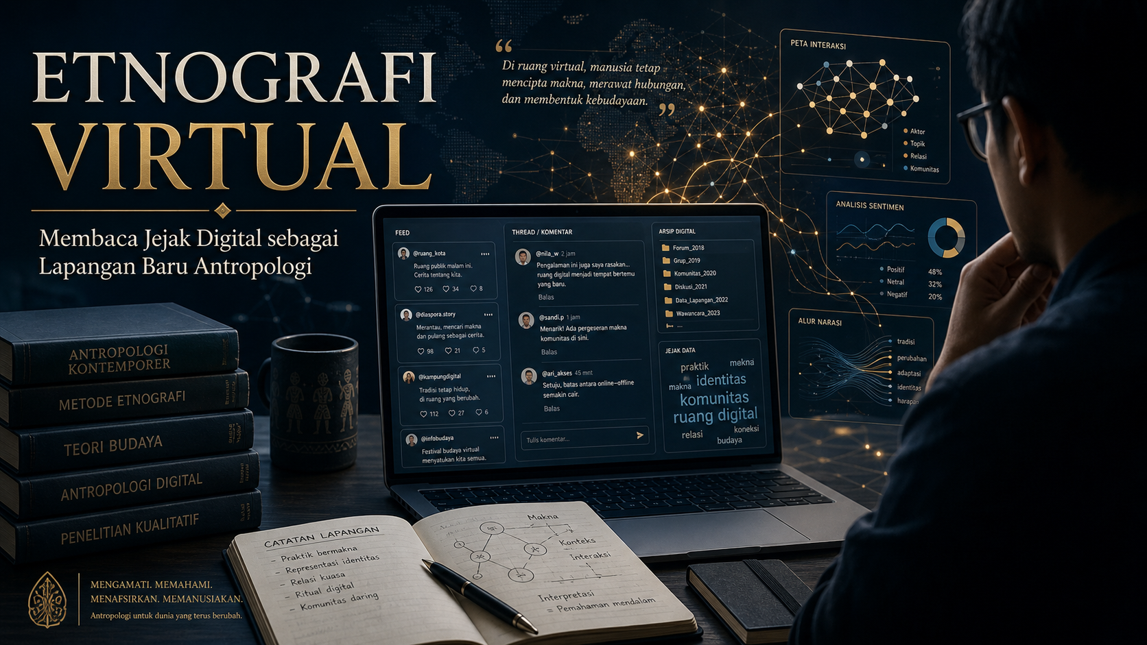 Etnografi virtual memperluas makna “lapangan” dalam antropologi: dari kampung, pasar, dan ruang fisik menuju Facebook, jaringan sosial, memori digital, serta jejak identitas manusia modern.