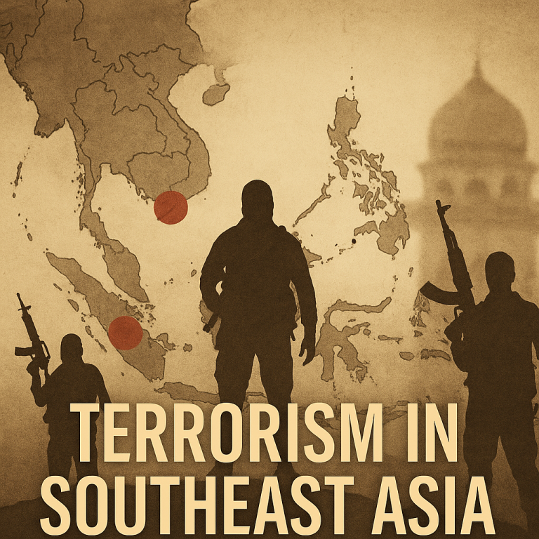 Sepia-toned illustration of Southeast Asia highlighting terrorism hotspots in Indonesia, Southern Thailand, and Mindanao, with silhouettes of armed figures and a blurred mosque dome — symbolizing the enduring security challenges in the region, KBA13 Insight 2025.