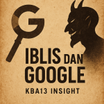 Ilustrasi vintage bergaya poster menampilkan simbol Google samar dan siluet artistik iblis dalam nuansa sepia dengan teks "KBA13 Insight".