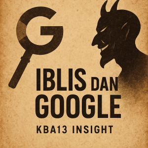 Ilustrasi vintage bergaya poster menampilkan simbol Google samar dan siluet artistik iblis dalam nuansa sepia dengan teks "KBA13 Insight".