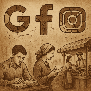 Dunia tanpa Google, Facebook, Instagram, dan Twitter. Logo keempat raksasa digital yang retak berpadu dengan suasana masyarakat yang kembali ke buku, surat pos, dan pasar tradisional. Gaya vintage dan sephia menggambarkan peradaban yang terputus dari jaringan digital global
