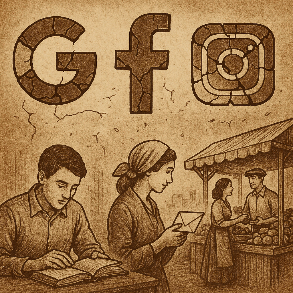 Dunia tanpa Google, Facebook, Instagram, dan Twitter. Logo keempat raksasa digital yang retak berpadu dengan suasana masyarakat yang kembali ke buku, surat pos, dan pasar tradisional. Gaya vintage dan sephia menggambarkan peradaban yang terputus dari jaringan digital global