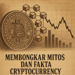 "Bitcoin, blockchain, dan grafik pasar dalam nuansa vintage–sephia: simbol mitos dan fakta cryptocurrency yang penuh peluang sekaligus risiko.