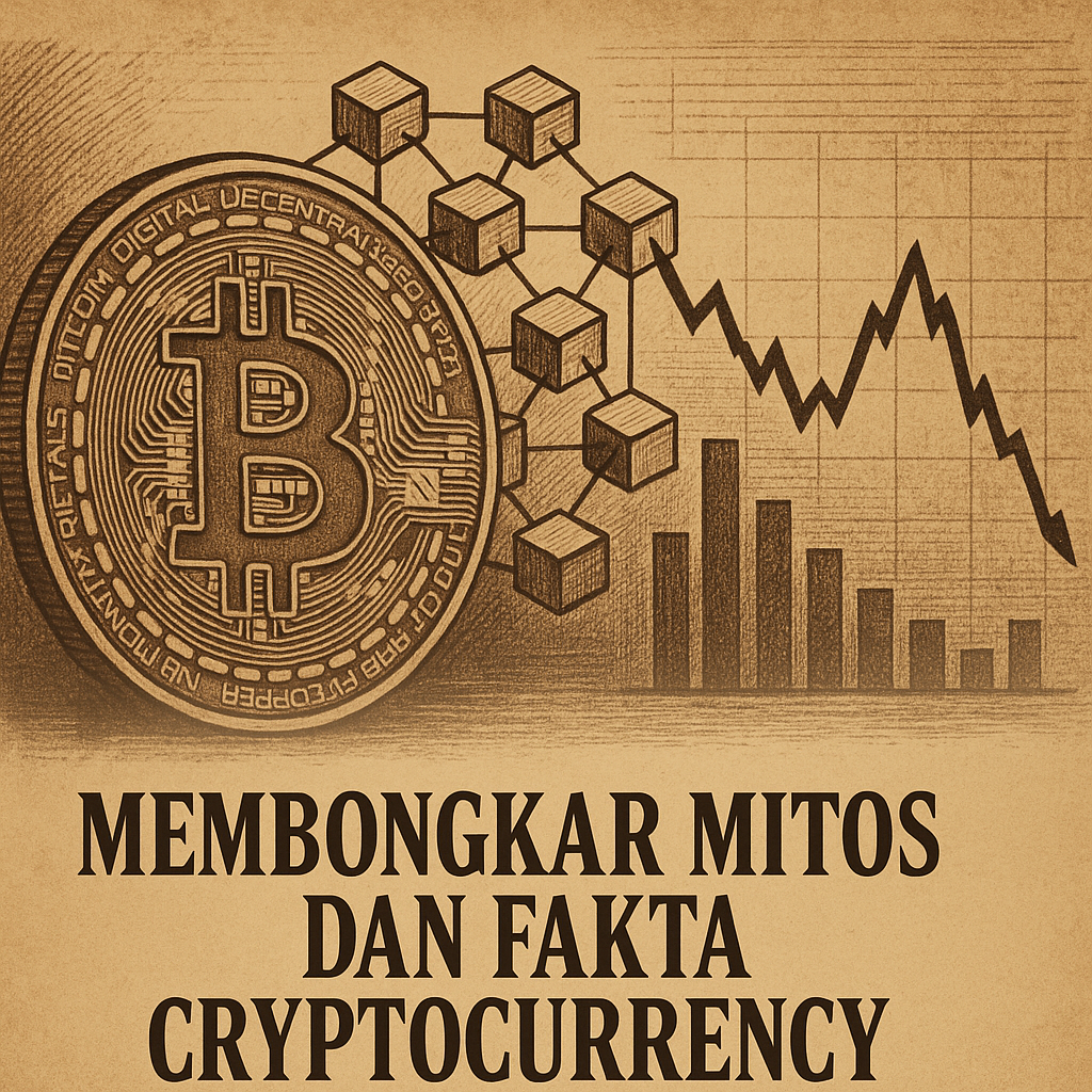 "Bitcoin, blockchain, dan grafik pasar dalam nuansa vintage–sephia: simbol mitos dan fakta cryptocurrency yang penuh peluang sekaligus risiko.