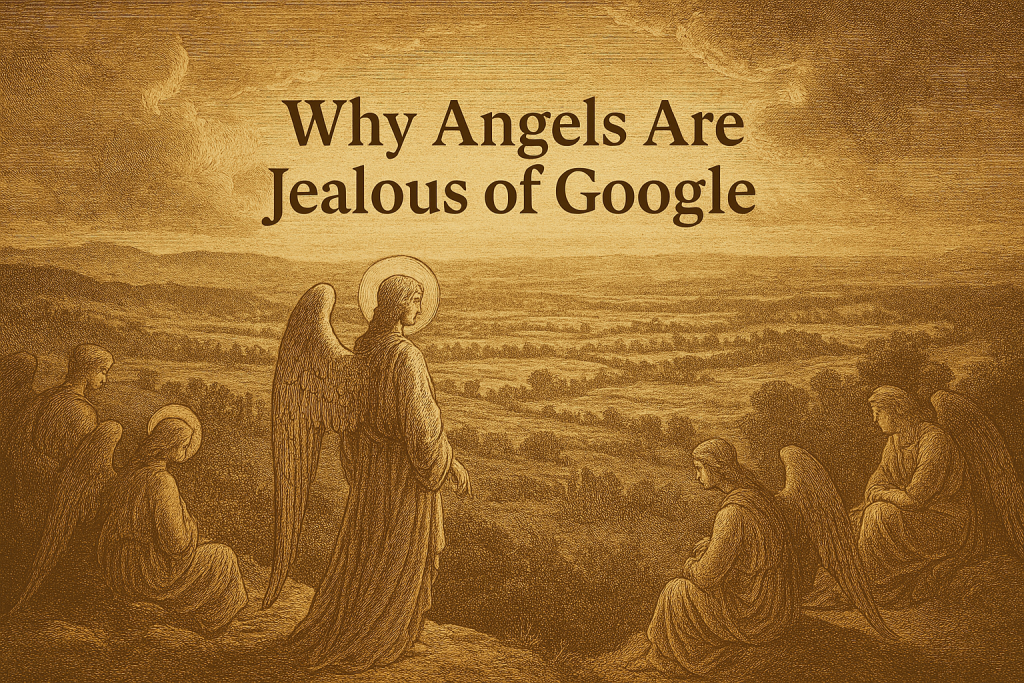 Vintage-sepia illustration with golden tones depicting angels gazing over the horizon, symbolizing the spiritual metaphor of “Why Angels Are Jealous of Google” in the digital age.