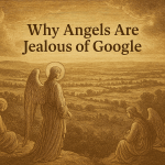 Vintage-sepia illustration with golden tones depicting angels gazing over the horizon, symbolizing the spiritual metaphor of “Why Angels Are Jealous of Google” in the digital age.