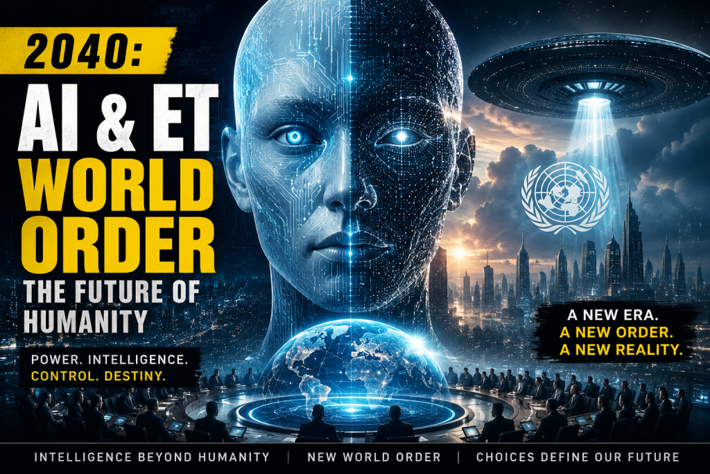 AI, extraterrestrial intelligence, and the architecture of 2040: a visual meditation on power, sovereignty, and humanity’s uncertain future in a world shaped by intelligence beyond the human frame.