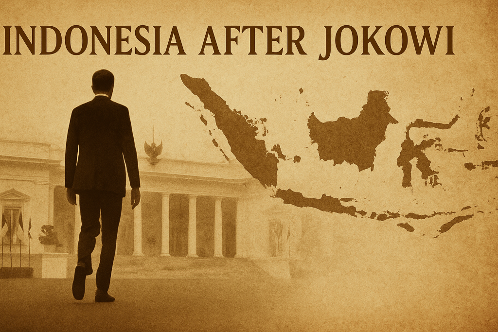 Silhouette of Jokowi leaving the Merdeka Palace, fading into the map of Indonesia — symbolizing the uncertain future of Indonesia after his presidency.