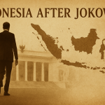Silhouette of Jokowi leaving the Merdeka Palace, fading into the map of Indonesia — symbolizing the uncertain future of Indonesia after his presidency.