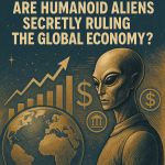 Humanoid alien overlooking Earth’s global economy with futuristic finance symbols – KBA13 Insight.
