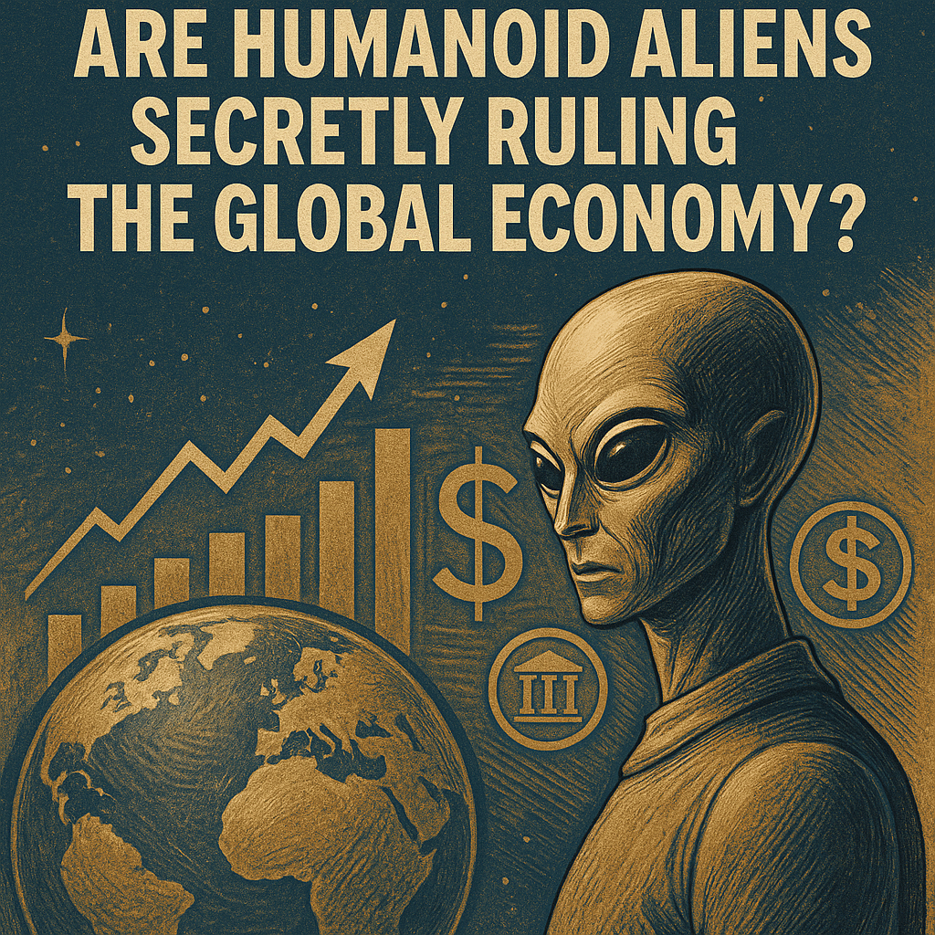 Humanoid alien overlooking Earth’s global economy with futuristic finance symbols – KBA13 Insight.