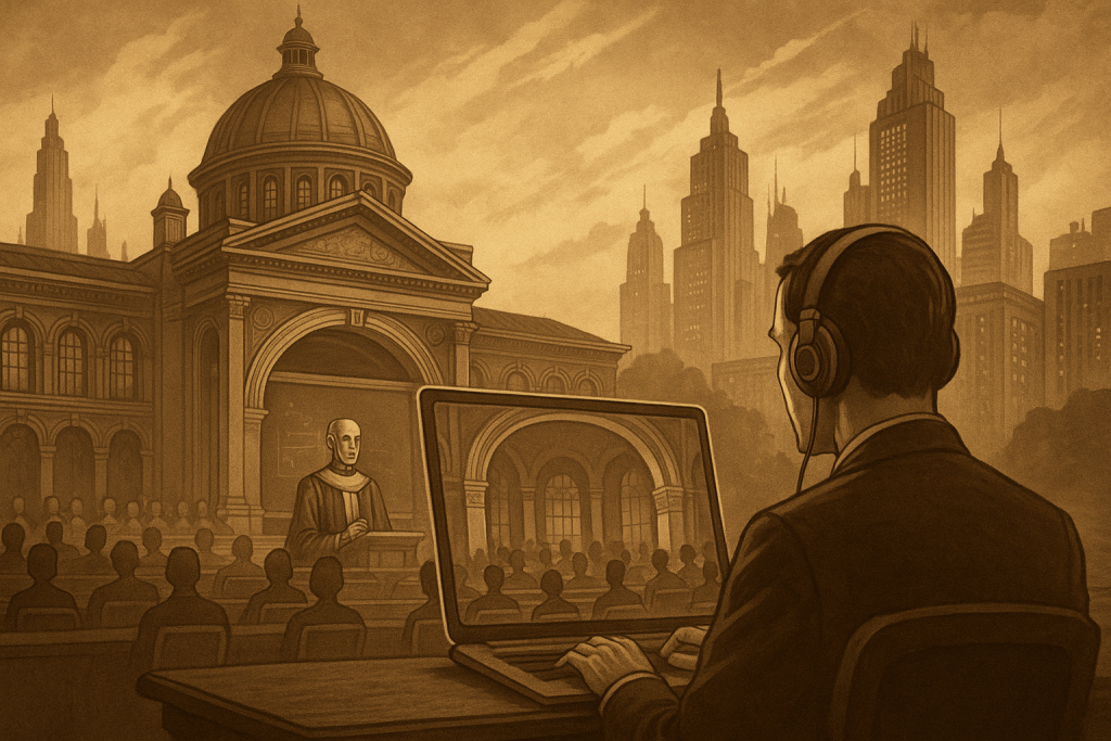 A vintage-sepia vision of the virtual university: where humanoid lecturers and AI classrooms reshape the future of education.