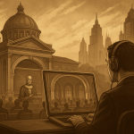 A vintage-sepia vision of the virtual university: where humanoid lecturers and AI classrooms reshape the future of education.