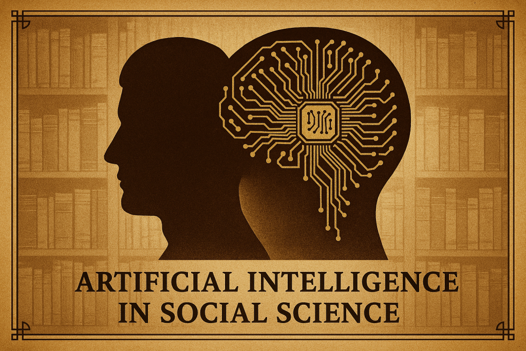 Vintage sepia illustration of artificial intelligence in social science, showing a human silhouette merging with a digital brain circuit against a backdrop of bookshelves, symbolizing the meeting of technology and human knowledge.