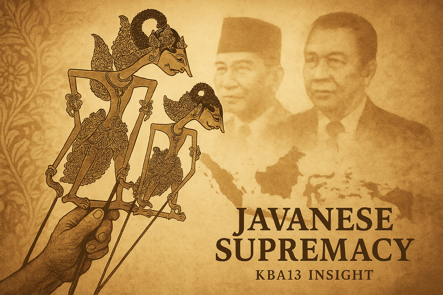 A wayang dalang’s hand guiding the shadows of Sukarno and Suharto—symbolizing the Javanese supremacy in Indonesia’s political culture. KBA13 Insight.