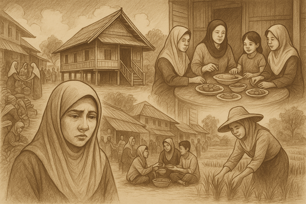 Kehidupan rumah tangga Aceh: rumah panggung tradisional, wanita di sawah, keluarga makan bersama, dan pasar tradisional.