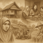 Kehidupan rumah tangga Aceh: rumah panggung tradisional, wanita di sawah, keluarga makan bersama, dan pasar tradisional.