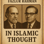 Ilustrasi bergaya vintage menampilkan Seyyed Hossein Nasr dan Fazlur Rahman, dengan nuansa sepia dan teks yang jelas terbaca, menggambarkan perbandingan pemikiran Islam kontemporer.