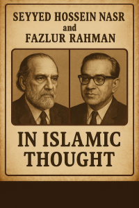 Ilustrasi bergaya vintage menampilkan Seyyed Hossein Nasr dan Fazlur Rahman, dengan nuansa sepia dan teks yang jelas terbaca, menggambarkan perbandingan pemikiran Islam kontemporer.