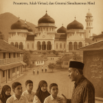 Ilustrasi vintage pesantren Aceh dengan guru dan murid di depan Masjid Raya Baiturrahman, menggambarkan krisis pendidikan agama di era digital.