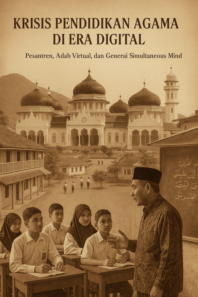 Ilustrasi vintage pesantren Aceh dengan guru dan murid di depan Masjid Raya Baiturrahman, menggambarkan krisis pendidikan agama di era digital.
