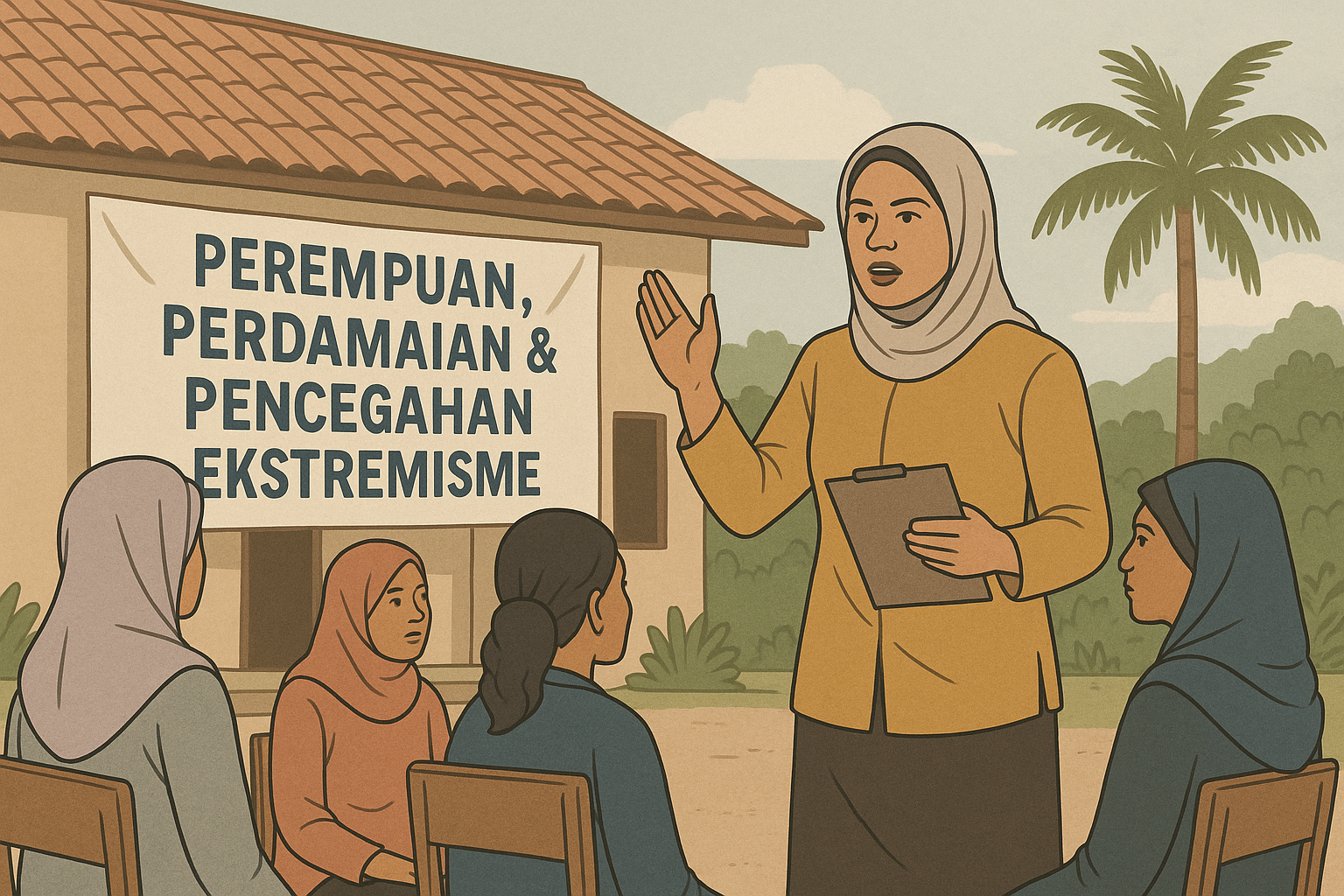 Perempuan Indonesia dari berbagai latar budaya memimpin dialog komunitas perdamaian dengan simbol damai seperti burung merpati dan latar desa pascakonflik.