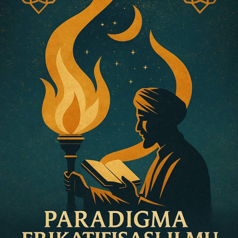 Ilustrasi digital bergaya klasik Islami menampilkan seorang pria berjubah dan bersorban sedang membaca kitab di samping obor besar yang menyala. Nyala api membentuk pola kosmik dengan bulan sabit dan bintang-bintang di latar belakang, mencerminkan tema "Paradigma Frikatifisasi Ilmu" sebagai hembusan cahaya spiritual dalam tradisi keilmuan Islam.