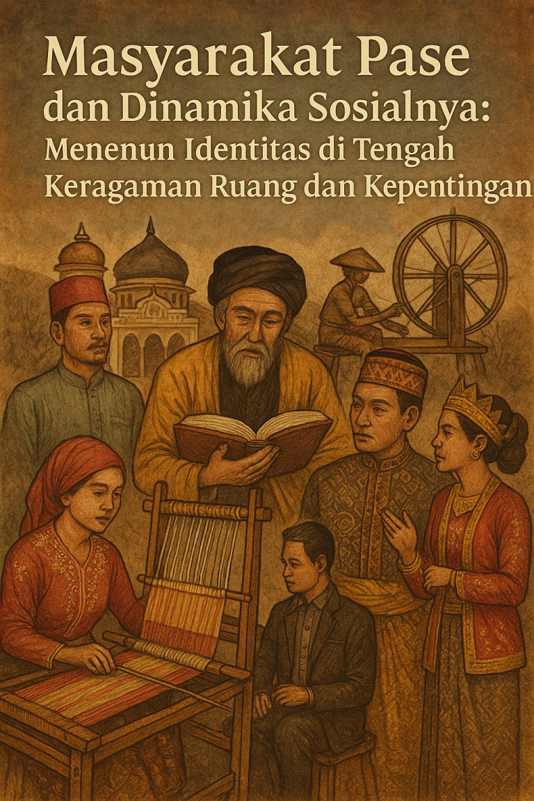 Ilustrasi bergaya tradisional menggambarkan keragaman masyarakat Pase di Aceh. Terlihat siluet tokoh-tokoh sosial seperti ulama, petani, perantau, dan pemuda, berdiri dalam lanskap khas Aceh dengan rumah adat dan bukit di latar belakang. Judul “Masyarakat Pase dan Dinamika Sosialnya” tertulis elegan di bagian atas dalam gaya kaligrafi khas lokal.