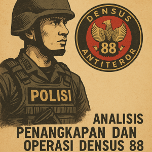 Ilustrasi vintage operasi Densus 88 Antiteror di Indonesia, dengan nuansa sepia yang merefleksikan perjalanan penangkapan terorisme 2003–2025.