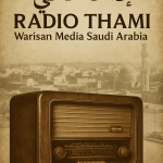 Radio Thami Saudi Arabia – radio tabung antik dengan latar kota Riyadh lama, gaya vintage sepia klasik – KBA13 Insight