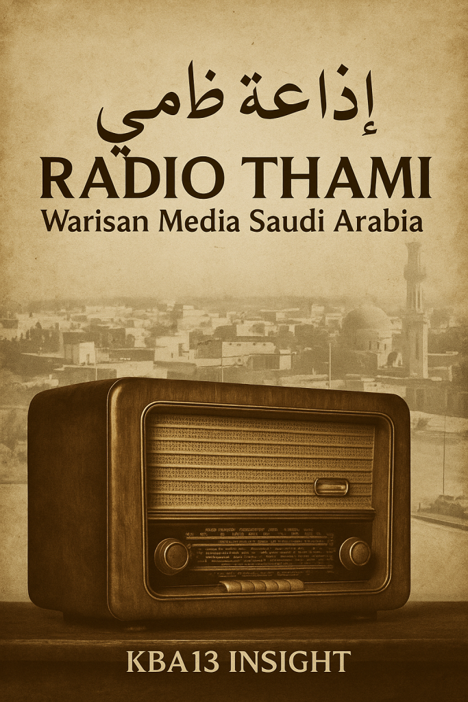 Radio Thami Saudi Arabia – radio tabung antik dengan latar kota Riyadh lama, gaya vintage sepia klasik – KBA13 Insight