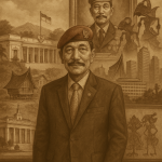 Potret Luhut Binsar Panjaitan bergaya vintage sephia dengan latar simbol militer, budaya Batak, Istana Negara, gedung mewah, dan wayang kulit, serta tulisan KBA13 Insight.