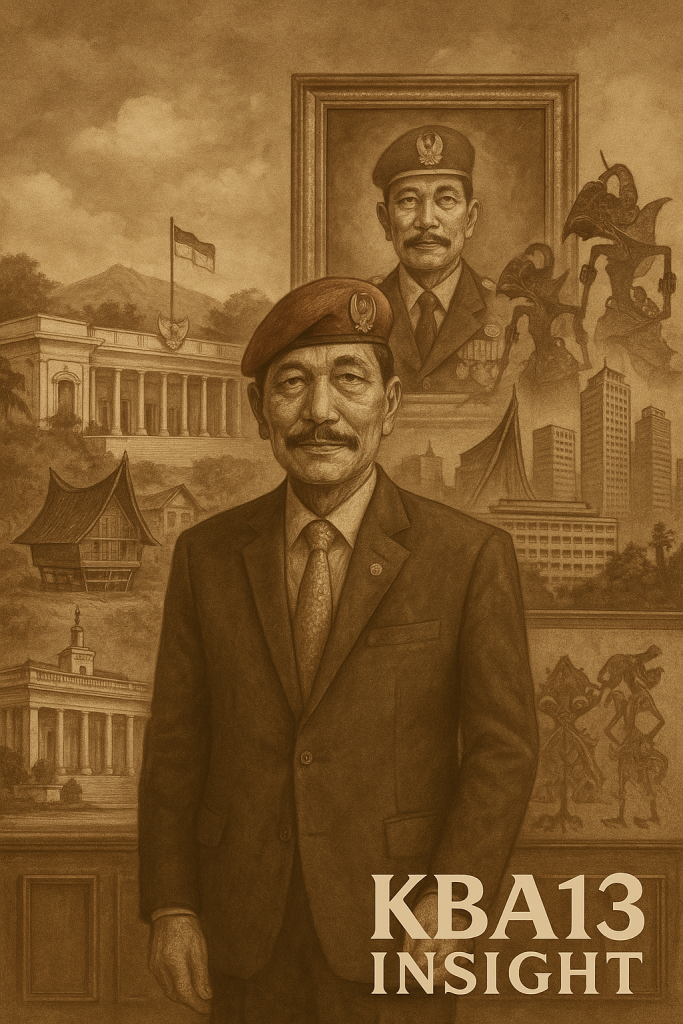 Potret Luhut Binsar Panjaitan bergaya vintage sephia dengan latar simbol militer, budaya Batak, Istana Negara, gedung mewah, dan wayang kulit, serta tulisan KBA13 Insight.