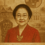 Potret Megawati Soekarnoputri bergaya vintage sephia, dengan latar simbol kepala banteng PDI-P, Istana Negara, gedung parlemen, budaya Jawa, dan tahta kekuasaan partai