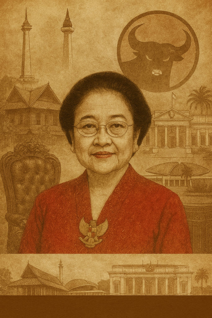 Potret Megawati Soekarnoputri bergaya vintage sephia, dengan latar simbol kepala banteng PDI-P, Istana Negara, gedung parlemen, budaya Jawa, dan tahta kekuasaan partai