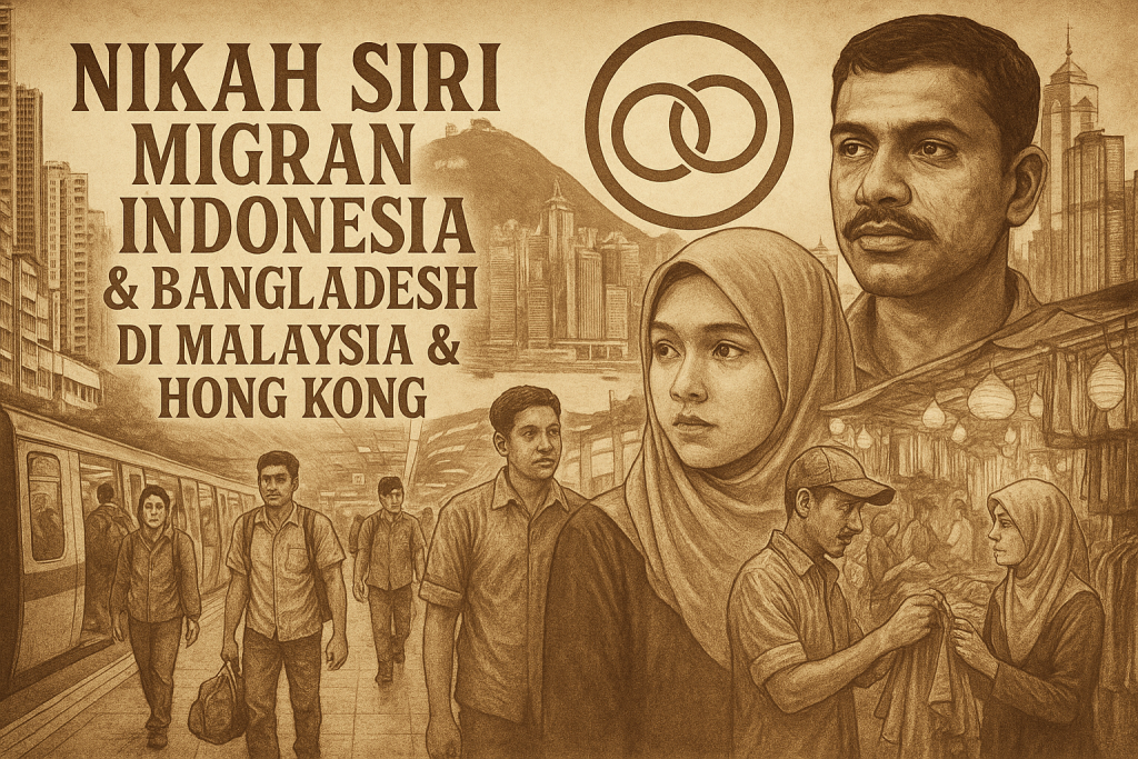 Tentang perkawinan siri buruh migran Indonesia dan Bangladesh di Hong Kong serta Malaysia, menampilkan suasana stasiun kereta bawah tanah, pasar malam, dan simbol pernikahan lintas negara.