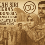 Tentang perkawinan siri buruh migran Indonesia dan Bangladesh di Hong Kong serta Malaysia, menampilkan suasana stasiun kereta bawah tanah, pasar malam, dan simbol pernikahan lintas negara.
