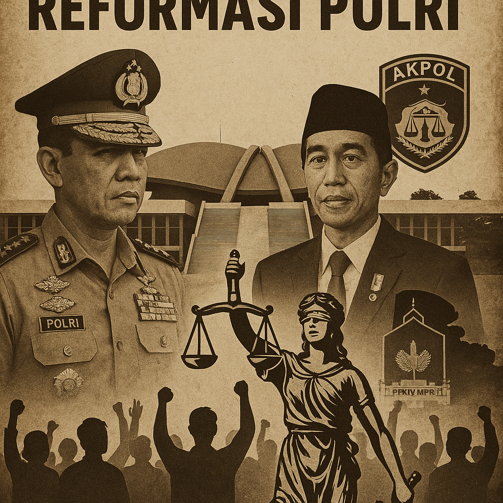 Reformasi Polri: Dari Pemisahan dengan TNI hingga Jaringan Kekuasaan 2025 — simbol perwira polisi, Presiden RI, DPR/MPR, AKPOL, serta Lady Justice dalam nuansa vintage-sephia, merepresentasikan dilema antara hegemoni kekuasaan dan supremasi sipil di Indonesia