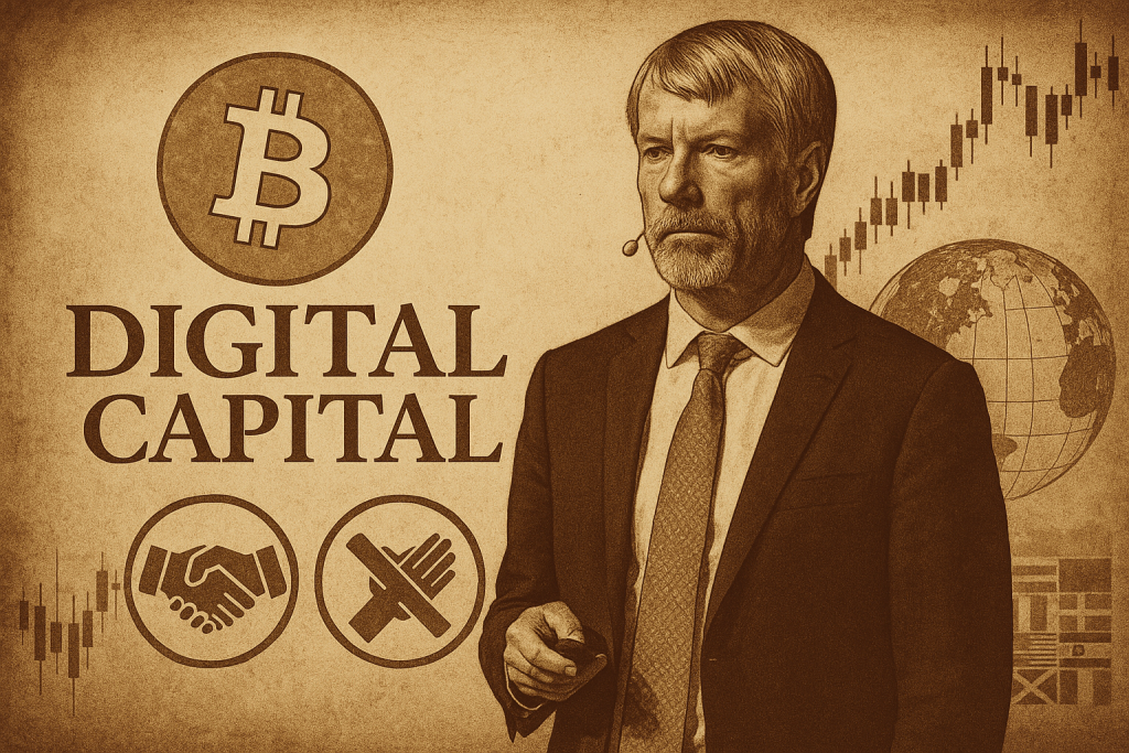 Michael Saylor di podium dengan nuansa vintage–sephia, dikelilingi simbol Bitcoin, Digital Capital, pasar kripto, serta ikon pro-kontra adopsi kripto globa