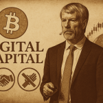 Michael Saylor di podium dengan nuansa vintage–sephia, dikelilingi simbol Bitcoin, Digital Capital, pasar kripto, serta ikon pro-kontra adopsi kripto globa