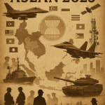 Laporan Strategis Kekuatan Militer ASEAN 2025: Menggambarkan peta Asia Tenggara dengan nuansa vintage-sephia, menampilkan bendera 11 negara ASEAN, alutsista utama (jet tempur, kapal perang, tank), simbol intelijen, dan bayangan kota metropolitan. Visual ini menegaskan tema pertahanan, intelijen, dan keamanan kawasan.