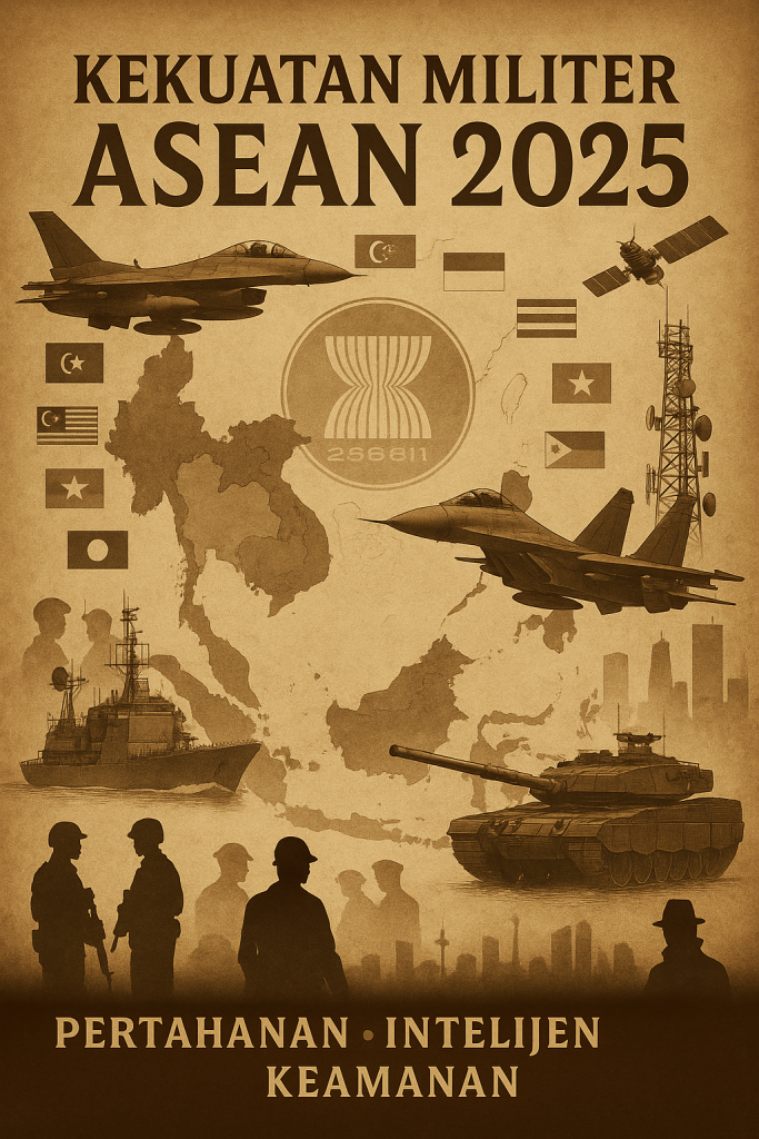 Laporan Strategis Kekuatan Militer ASEAN 2025: Menggambarkan peta Asia Tenggara dengan nuansa vintage-sephia, menampilkan bendera 11 negara ASEAN, alutsista utama (jet tempur, kapal perang, tank), simbol intelijen, dan bayangan kota metropolitan. Visual ini menegaskan tema pertahanan, intelijen, dan keamanan kawasan.