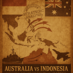 Visualisasi konflik hipotetis Australia–Indonesia dalam nuansa arsip intelijen.