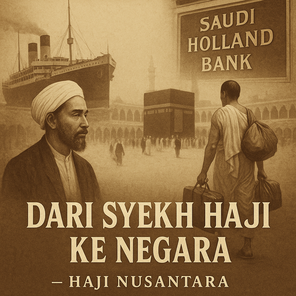 Ilustrasi sejarah haji Nusantara: kapal haji, ulama Jawah, dan jejak Saudi Holland Bank. Artikel ini mengurai dinamika dari syekh haji hingga negara Indonesia resmi mengambil alih penyelenggaraan haji tahun 1966.